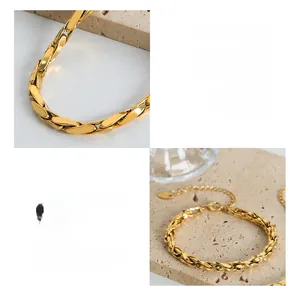 Detail of 18K gold plated titanium steel chain jewelry with geometric woven link pattern