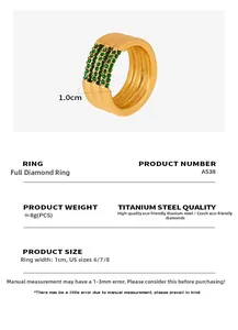 Detailed view of triple-layered gold-plated steel ring with emerald green crystals