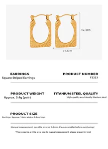Detail specifications of square striped gold titanium steel earrings with 1.6x2.4cm size