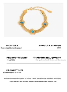Detailed view of the 15+5cm layered gold titanium steel bracelet with blue turquoise stones