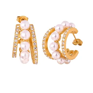 Boucles D'oreilles Créoles En Acier Titane Künstliche Perle De Coquillage Strass Français Élégant Évidé Plaqué Or 18K Bijoux