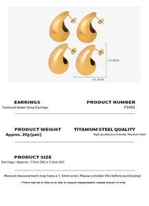 Macro detail of gold teardrop earrings in titanium steel with size and weight specs