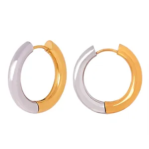 Chunky Two-Tone Hoop Earrings Titanium Steel 18K Gold Plated Geometric Huggie Minimalist Jewelry For Women