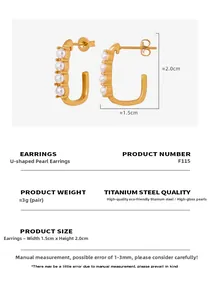 Detail of U-shaped gold earrings with five white shell pearls and 18k gold plating