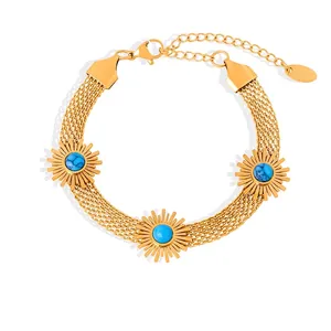 Bohemian Turquoise Sunflower Bracelet For Women Vintage Gold Mesh Chain Titanium Steel Adjustable Bangle Jewelry