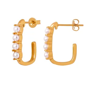 U Shaped Hoop Earrings Titanium Steel With Shell Artificial Pearl 18K Gold Plated Retro Baroque Geometric Tarnish Free Jewelry