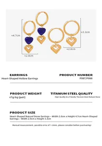 Detailed view of hollow heart earrings in 18k gold plated steel with natural stone