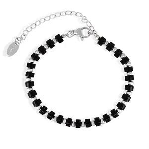 Bracciale Perline Fatto A Mano Turchese Nero Acciaio Inossidabile Retro Barocco Minimalista Perline Quadrate Gioiello Regolabile