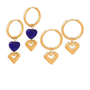 Heart Hoop Earrings Titanium Steel 18K Gold Plated Natural Stone Hollow Dangle Drop Minimalist Jewelry Women Elegant