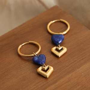 Baroque hollow heart earrings with blue lapis lazuli and 18k gold plated titanium steel