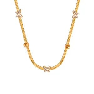 Collier Pendentif Papillon Acier Titane Plaqué Or Strass Chaîne Serpent Herringbone Vintage Baroque Pour Femmes