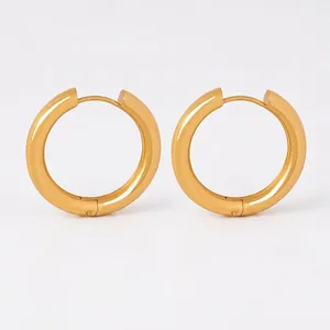 Titanium Steel 18K Gold Plated Chunky Hoop Earrings Retro Minimalist Geometric Round Polished Jewelry For Women