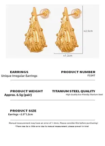 Detail view of gold titanium steel earrings with irregular molten texture and dimensions