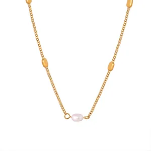 Elegant Pendant Necklace Titanium Steel 18K Gold Plated Freshwater Pearl Oval Gold Beads Minimalist Jewelry For Women