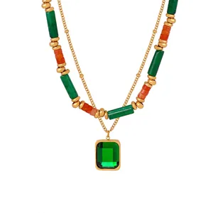 Collana A Doppio Strato Acciaio Al Titanio Pietra Naturale Perle Cilindriche Pendente Rettangolare Vetro Verde Smeraldo Gioielli Vintage