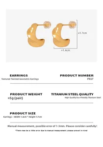 Detail showing dimensions and material of twisted texture gold titanium steel earrings