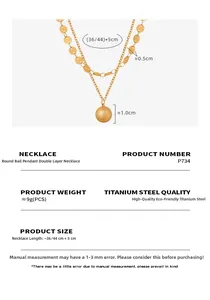 Close-up of double-layer titanium steel necklace with gold spheres and sizing details