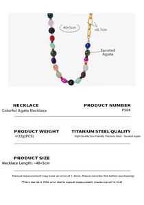 Vue détaillée du collier en agate facettée colorée avec spécifications et dimensions précises