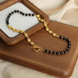 Natural agate beads necklace with golden titanium twist chain and OT clasp for women