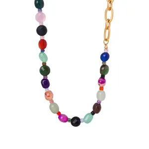 Collier En Perles D'Agate Naturelle Facettées Acier Titane Plaqué Or Chaîne Asymétrique Bijoux Boho Pour Femmes