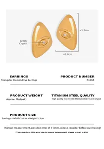 Detailed view of golden triangle evil eye earrings with size dimensions and specs