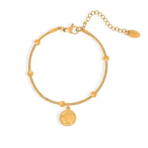Vintage Relief Coin Pendant Bracelet Golden Snake Chain With Polished Round Beads Elegant Adjustable Jewelry For Women