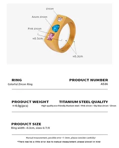 Detail of gold titanium ring with colorful zircon stones and technical size parameters