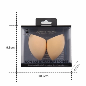 Set of 2 beige makeup sponges in a clear storage box with hooks, size 10.2x9.3x4.5cm