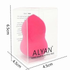 Rose red gourd-shaped beauty blender in a clear display box with dimensions 6.5x4.5cm