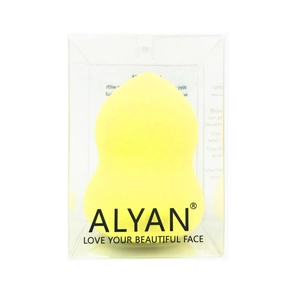 Yellow gourd-shaped non-latex beauty blender sponge with a clear plastic storage box