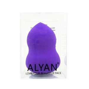 Purple gourd-shaped non-latex beauty blender makeup sponge in a clear plastic storage box