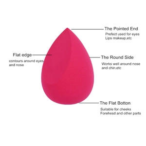 Pink teardrop makeup sponge with slanted flat edge for precise cosmetic application