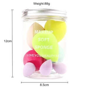 Detail showing 8 colorful makeup sponges in a clear container with size and weight labels
