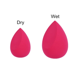 Teardrop beauty sponge showing size comparison between dry and wet states for makeup