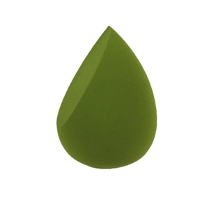 Close-up of olive green makeup sponge with drop shape and slanted flat edge texture