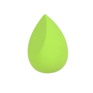 Detail of soft green teardrop makeup sponge with slanted cut for precise makeup application