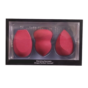 Set of 3 dark red blending sponges in teardrop and gourd shapes for makeup application