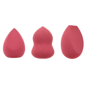 Set of three magenta makeup sponges in water drop, gourd, and flat-edge shapes