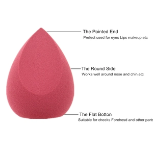 Detail showing multifunctional zones of the rose red teardrop beauty sponge for precise makeup