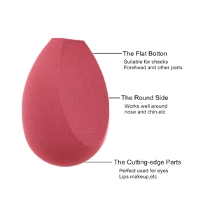 Detail of rose pink makeup sponge showing the flat bottom and pointed tip for precision