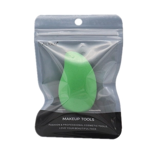 Green water-drop makeup sponge in a resealable ALYAN brand pouch for flawless blending