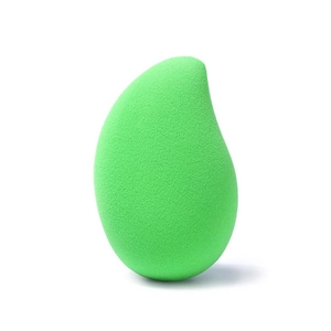 Close-up of mango-shaped lime green makeup sponge with soft texture for facial contouring