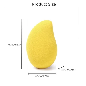Detailed size specifications for mango-shaped beauty blender sponge shown in cm and inches