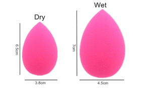 Macro view of teardrop makeup sponge expanding in size from dry to wet state