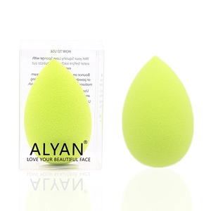 Green teardrop makeup sponge with transparent case for flawless foundation application