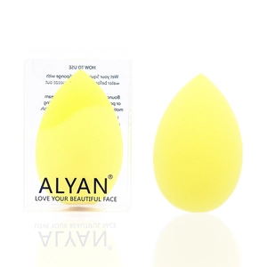 Yellow teardrop makeup sponge set with transparent storage box on white background