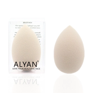 Single beige teardrop makeup sponge with transparent display box by ALYAN on white background