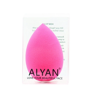 Rose red teardrop makeup sponge in clear display box with soft texture detail
