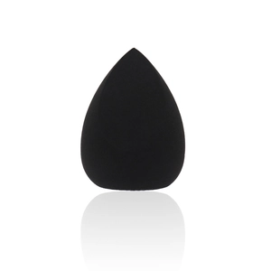 Close-up of a black teardrop-shaped makeup sponge with a fine non-latex foam texture