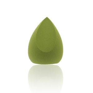 Detailed close-up of grass green teardrop makeup sponge with precise flat-cut design surface